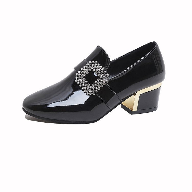 Trendy Thick Heel Shoes Women Square Toe Mouth Shoes Rhinestone Patent Leather High Heels Low-Top Shoes