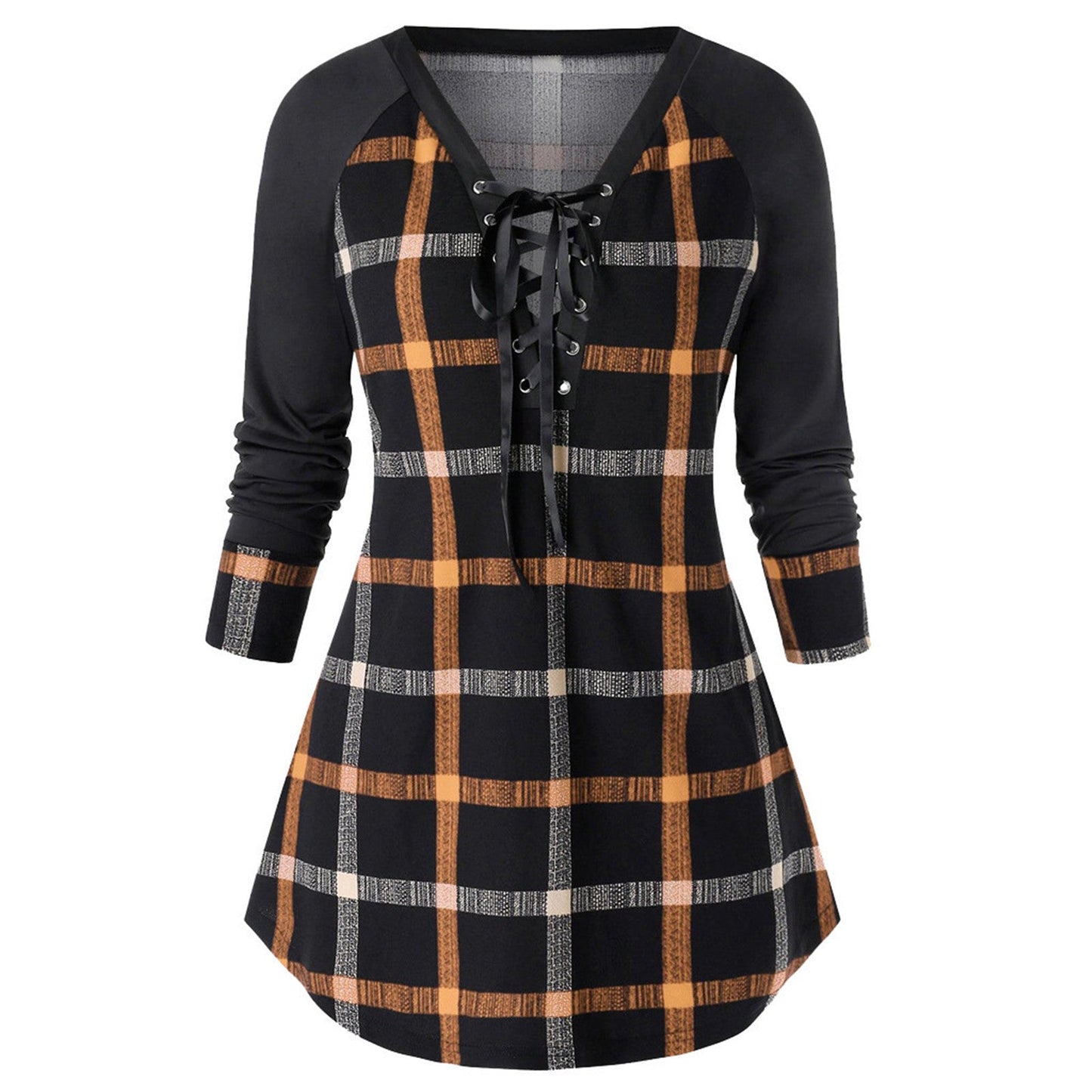 New cute Wine Red Spring And Autumn Printed Plus Size Long Sleeve Plaid Dress for young adult