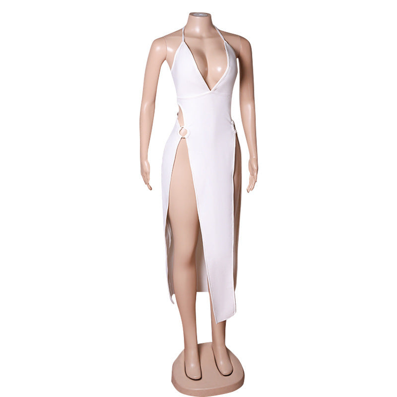 Summer Women's  Back Deep V White Evening Dress